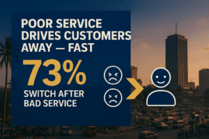 A Data/Callout box image containing an infographic-style visual showing “73% switch after bad service”. Caption: Poor service drives customers away — fast