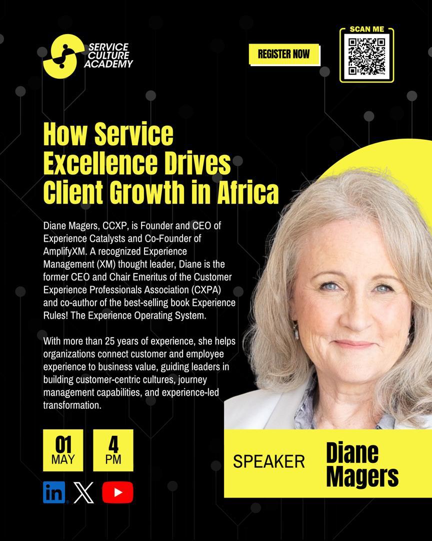 The image contains the image and Bio of the speaker Diane Magers. It also contains the details of the event and the business hosting the event Service Culture Academy.